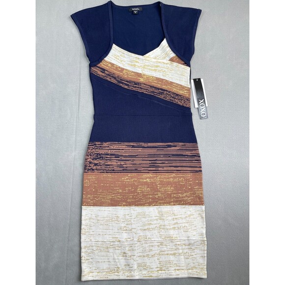 XOXO Bandage Dress Womens Size Small Midi Bodycon Blue Brown Tan - Picture 1 of 9
